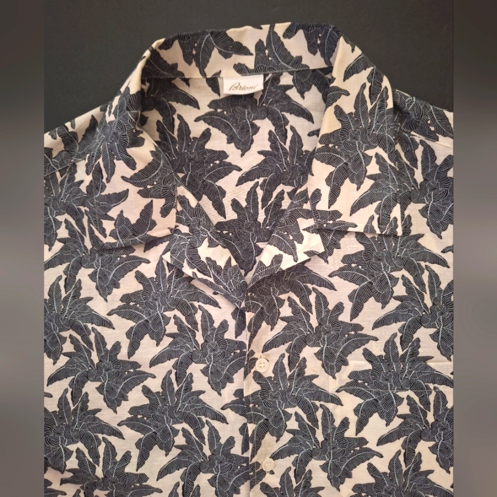 Rare Brioni Scatol Linen Blend Shirt XXL Floral Button Down Short Sleeve Italy